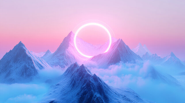 Dreamy pink snow mountains with a mysterious halo in a fantastical landscape illustration.