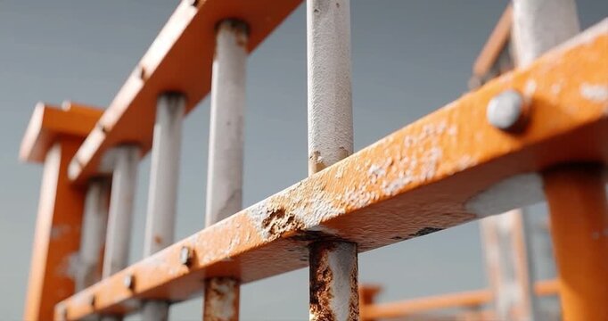 Industrial safety railing detail close up weathered metal bars orange frame perspective view
