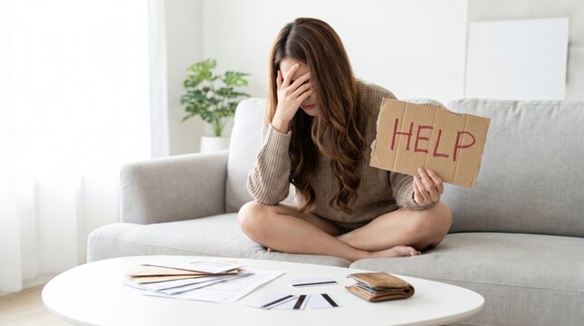 Young Woman Facing Financial Debt Problems at Home.