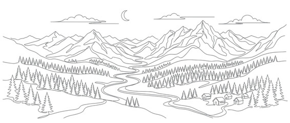 Obraz premium Minimalist mountain valley landscape with river and village