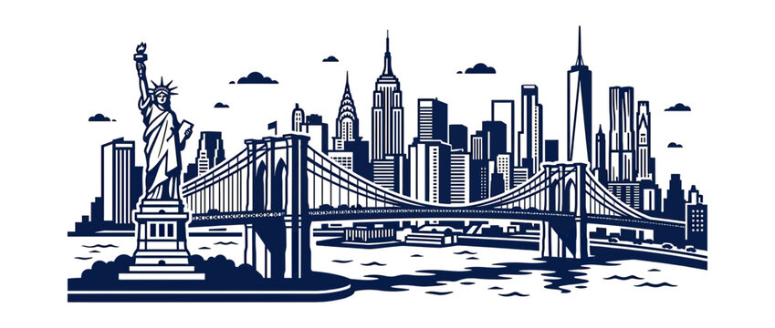 Stylized Cityscape with Iconic Statue and Bridge