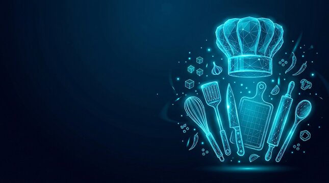 Kitchen chef tools and cooking utensils shown as a digital glowing wireframe collection with utensils culinary restaurant technology wireframe hologram abstract