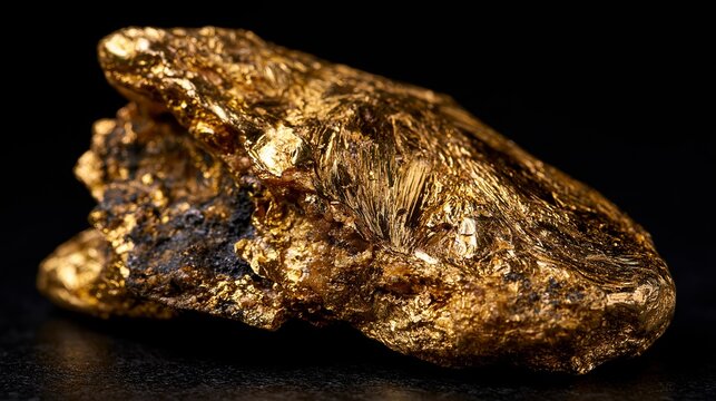 Rough gold nugget close-up against a dark background, showcasing natural textures and mineral formations