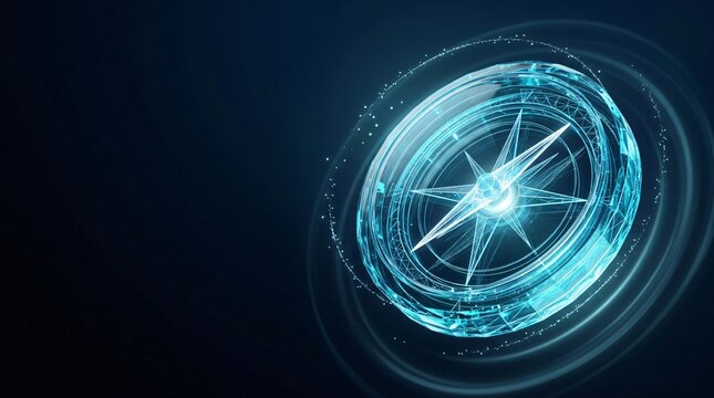 Glowing digital compass illustration representing navigation direction and global positioning technology with navigation direction orientation hologram technology