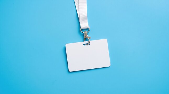 Blank white id card with a lanyard on a bright solid light blue background for identification or security access