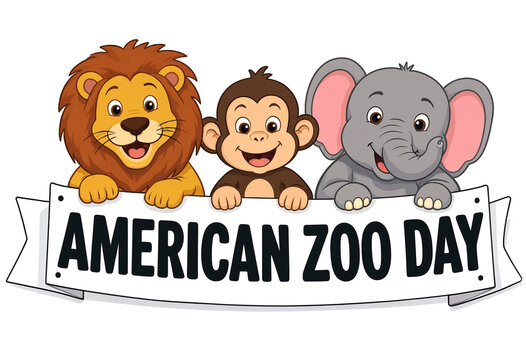 Cute cartoon lion monkey and elephant holding american zoo day banner smiling happily together