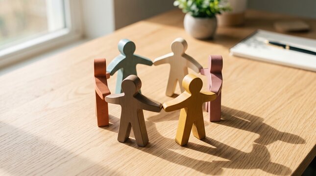 Small colorful wooden human figures standing in a circle on a wooden office desk with teamwork community diversity