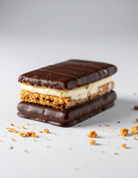 Chocolate-coated biscuit with creamy filling, delicate crumbs scattered around, tasty dessert. Sweet food. Appetizing treat. Close-up.