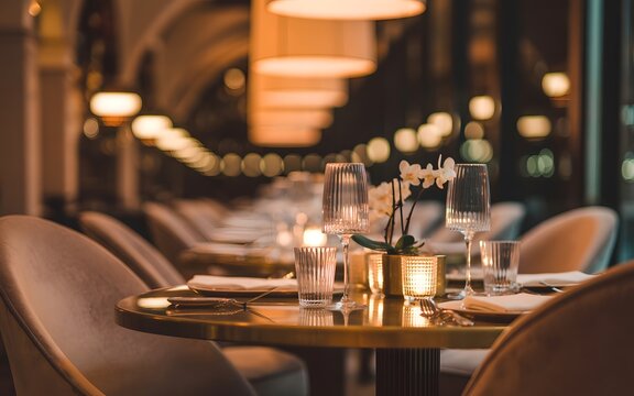 Elegant dining table setup in a dimly lit luxury restaurant with warm glowing ambient lighting and delicate floral centerpiece restaurant candlelight atmosphere romantic ambiance hospitality