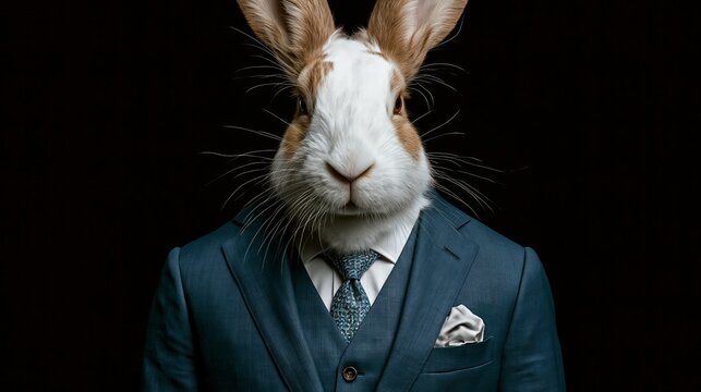 Rabbit in formal suit portrait against dark background, sophisticated animal character, business concept