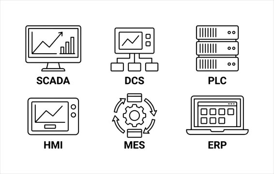 Industrial control system icons featuring scada dcs plc hmi mes erp labels for manufacturing software. Modern Outline and solid Icon Vector