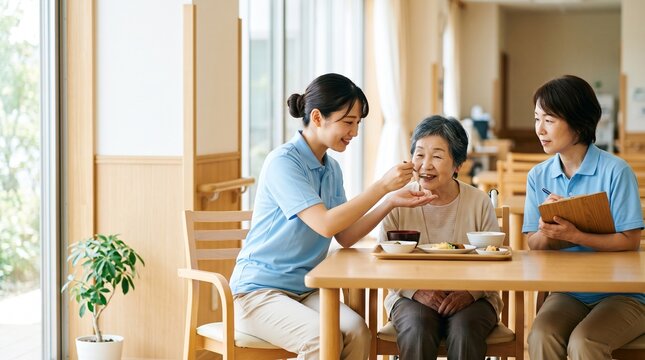 介護施設で食事介助のOJTを行う日本人女性の介護職