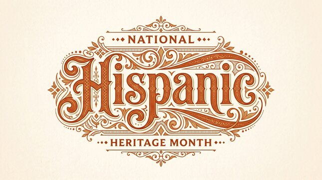 National Hispanic Heritage Month classic retro typography layout featuring elegant artistic swirls on clean cream background