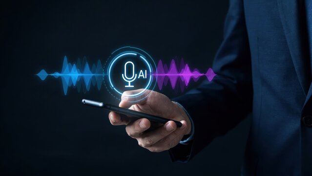 Man using smartphone with AI voice assistant technology and sound wave on dark background.