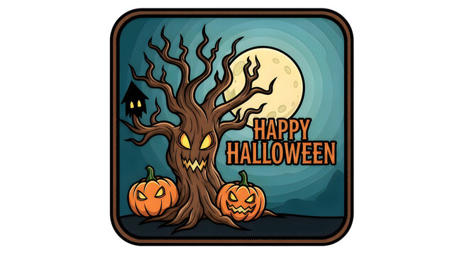 Spooky haunted tree with glowing pumpkins for a festive hallowen night background design