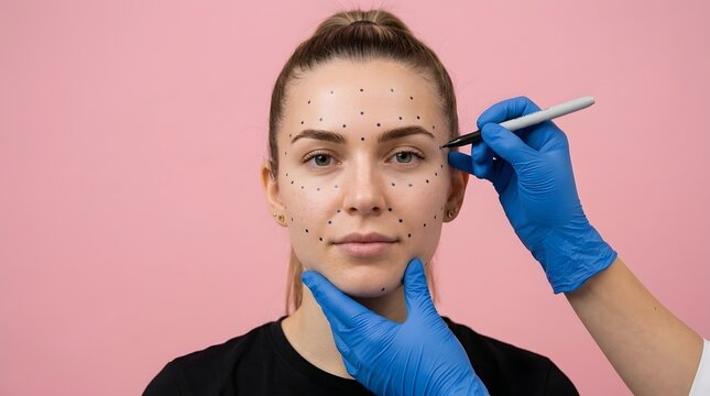 Cosmetic surgeon drawing marking lines on a womans face before performing a professional plastic surgery procedure in clinic