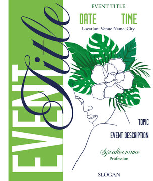 Tropical Women&rsquo;s Event Flyer Template with Line Art Portrait, Botanical Leaves and Modern Editable Layout