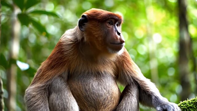 Long-nosed monkey perched on a jungle branch.