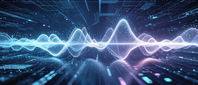 Signal amplification wave glowing digital waveform in futuristic data tunnel