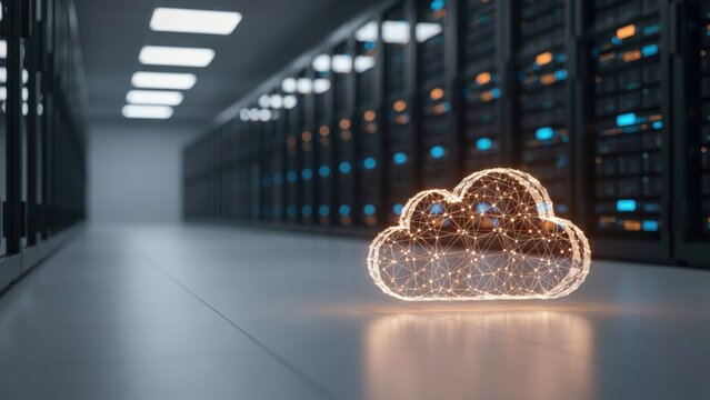 Digital cloud computing network icon glowing in a data center server room