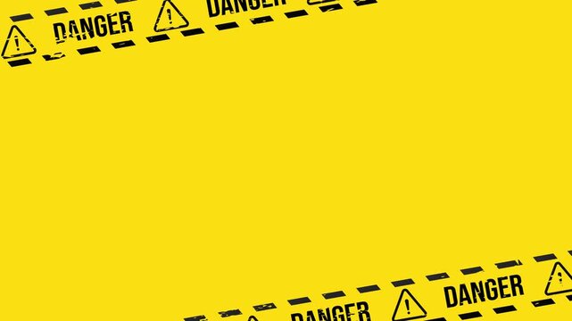 Danger tape overlay frame with skull exclamation icon and hazard stripes on yellow background 4K 60 fps