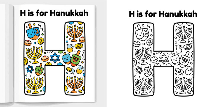 H is for Hanukkah educational alphabet coloring page vector illustration set for kids with menorah, dreidel, star of david, donut, and oil pitcher outline