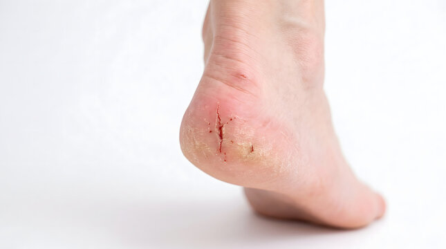 Cracked heel with painful bleeding wound on dry skin close up isolated on white background. AI generated.
