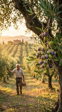 Ripe olives on an olive tree during harvest season at golden sunset