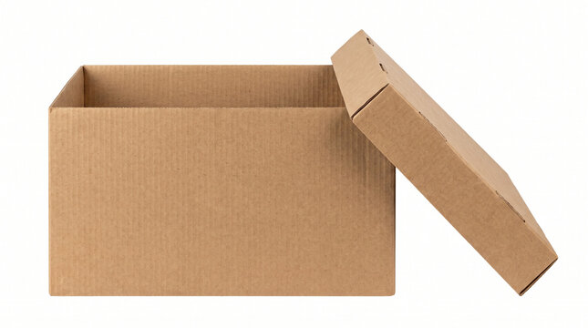 Empty cardboard box with lid slightly ajar on transparent background
