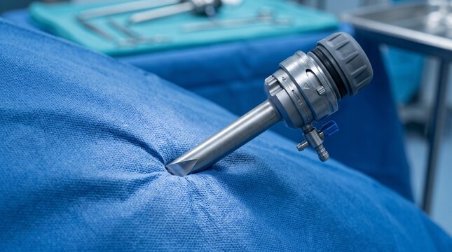 Laparoscopic Trocar Inserted Through Blue Surgical Drape During Medical Procedure.