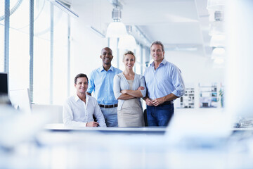 Fototapeta premium Happy, solidarity and portrait of business people in office for team, about us and portfolio manager. Smile, partnership and account advisor with employees in agency for meeting, career and pride