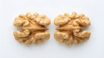 Fototapeta premium Two halves of a raw walnut kernel showing intricate texture isolated on white base