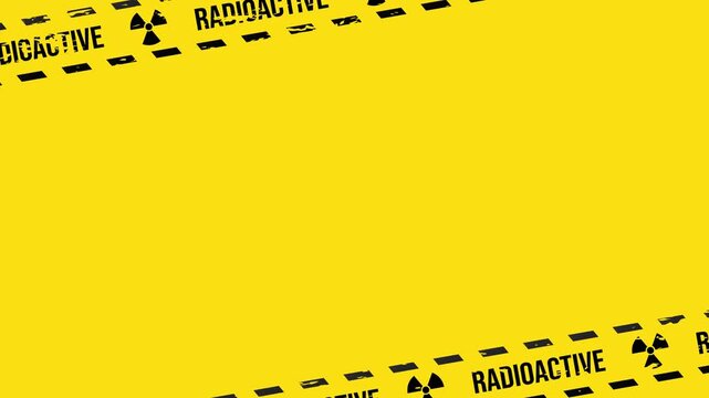 Radioactive hazard tape frame overlay with radioactive symbol icon on yellow background 4K 60 fps
