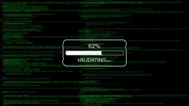 Cyber security data validation progress bar with green matrix code background, cybersecurity programming