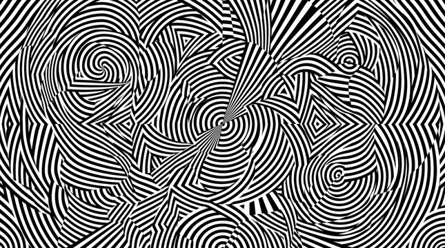 Abstract Black and White Optical Illusion Pattern with Hypnotic Swirls and Stripes