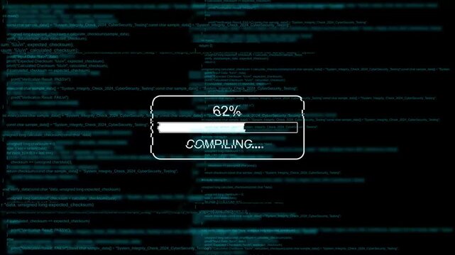 Digital compiling progress bar over cyber security source code background, programming coding software development