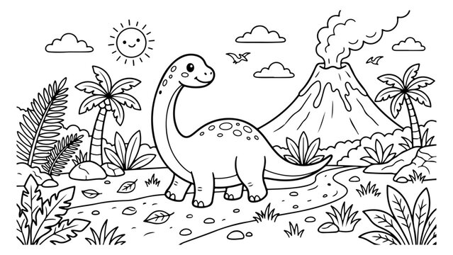 Dinosaur coloring page with volcano and palm trees. Cute brontosaurus in prehistoric landscape. Black outline illustration for kids activity book. Educational vector design for children.