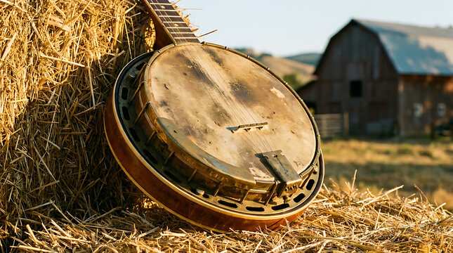 A vintage banjo resting on a hay bale in a rustic rural setting with a barn in the background