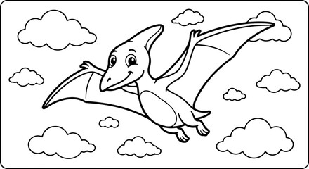 Cartoon pterodactyl coloring page, cute dinosaur preview, playful pterodactyl illustration, sky clouds outline, baby educational activity © birthday