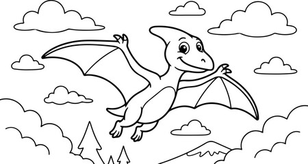 Cartoon Pterodactyl Flying in Clouds, Prehistoric Dinosaur Sketch, Black and White Coloring Page Outline,可爱 Creatures Pattern © birthday