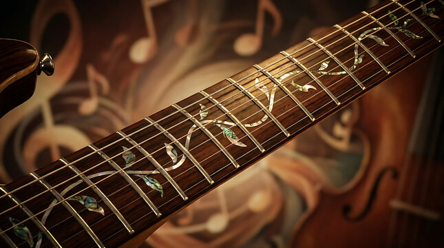 Close-up of an ornate electric guitar fretboard with mother of pearl inlays and musical notes softly blurred in the background