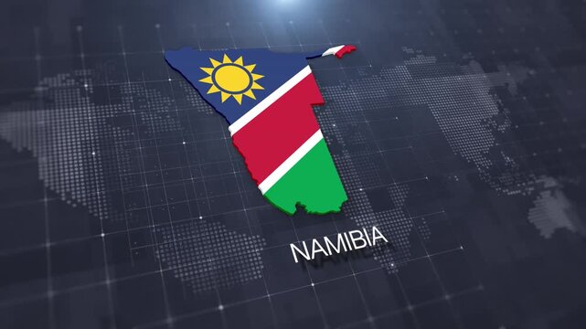 Namibia map with national flag on digital world map background, geographic border, global political and international news concept