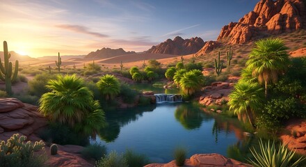 Fototapeta premium Desert oasis with greenery and mountains at sunset.