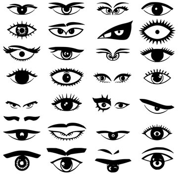 Eyes set with 24 stylized compositions arranged in a 6x4 grid featuring geometric patterns, minimalistic line detailing, black and white illustration with bold lines and creative motifs