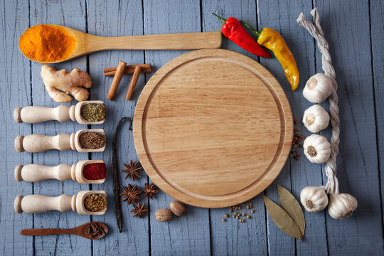 Spices and herbs in wooden spoons. Food and cuisine ingredients