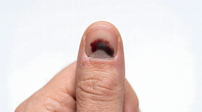 Subungual hematoma bruise under fingernail on thumb macro close up isolated on white. AI generated.
