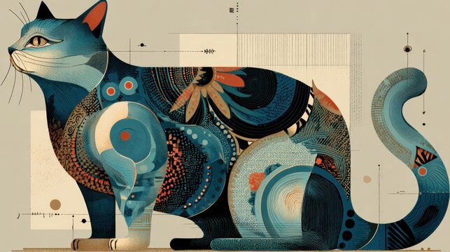 Colorful Abstract Cat Illustration with Vibrant Patterns and Designs
