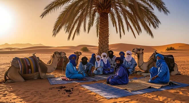 Desert travelers resting by oasis with camels.