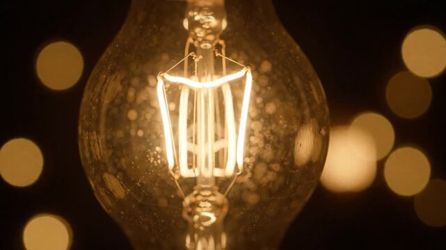 Close up of a glowing vintage Edison light bulb with bokeh background.