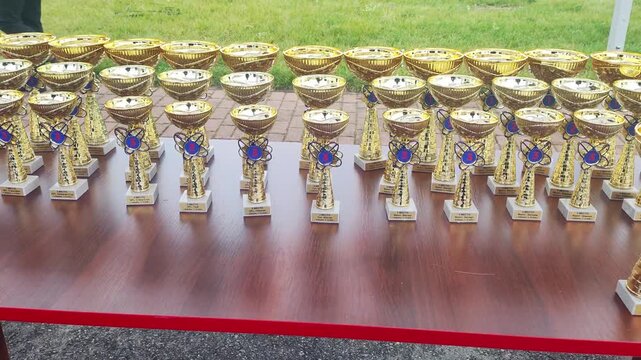 Rows of shimmering golden trophies with intricate blue and red atom-like emblems displayed on a dark wooden table outdoors, ready for an awards ceremony and recognition of achievement.